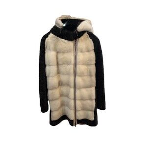 Lambskin‎ Fur Shearling Winter Jacket Visone Mink Removable Hood White Grey